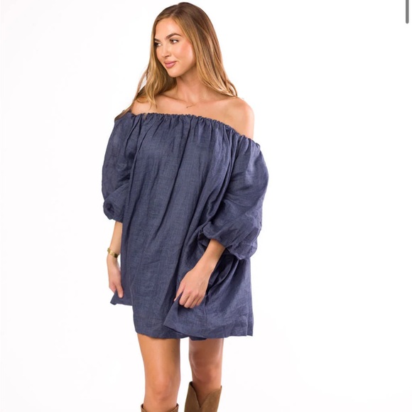 Worth Collective Cassidy 100% Linen On Off Shoulder Mini Dress in Denim Sz S - Picture 2 of 9